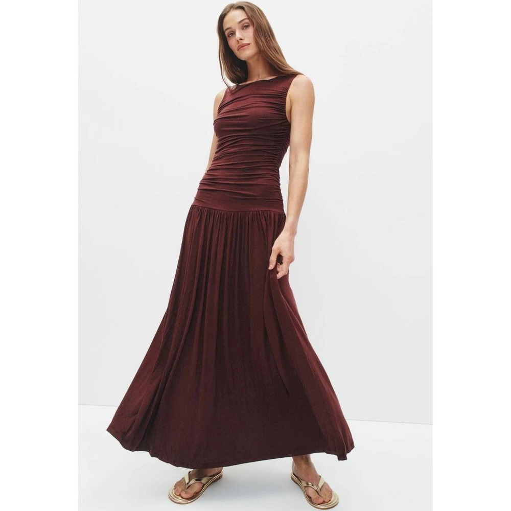 Summer Away Patmos Maxi Dress Brown Ruched Jersey Sleeveless Women Sz XS